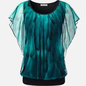 BAISHENGGT Womens Summer Tops Flutter Short Sleeve Pleated Front Mesh Teal 4XL